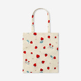 Strawberry print textile tote bag by Flying Tiger Copenhagen showing colorful fruit design and sturdy handles.
