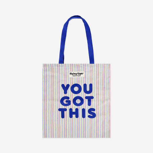 Striped tote bag with blue handles