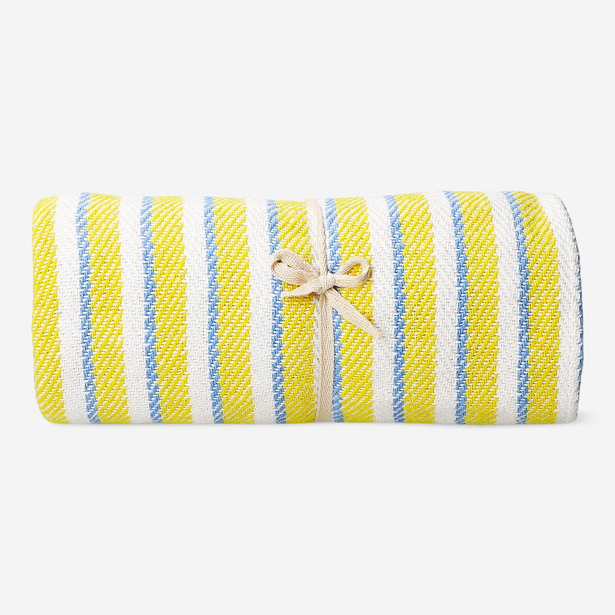 Flying Tiger Copenhagen throw blanket with yellow stripes and fringes, 120x170 cm, cozy home decor accessory.