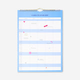 Blue Flying Tiger Copenhagen family planner for hanging, 2027, with weekly and monthly layout for organizing family activities.