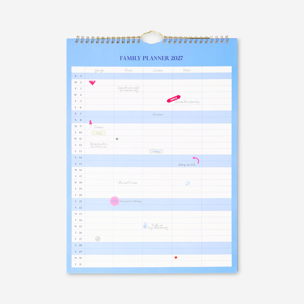 Blue Flying Tiger Copenhagen family planner for hanging, 2027, with weekly and monthly layout for organizing family activities.