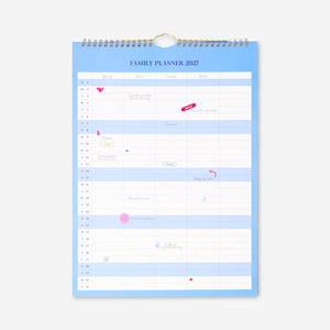 Blue Flying Tiger Copenhagen family planner for hanging, 2027, with weekly and monthly layout for organizing family activities.