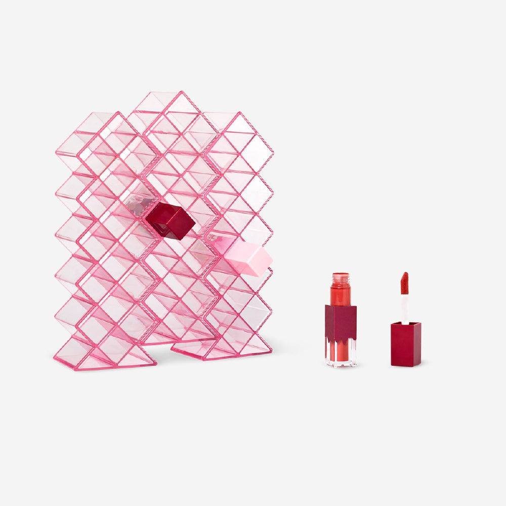 Pink cosmetic organiser for lip glosses, 25x20.5 cm, personal care item by Flying Tiger Copenhagen, with multiple compartments.