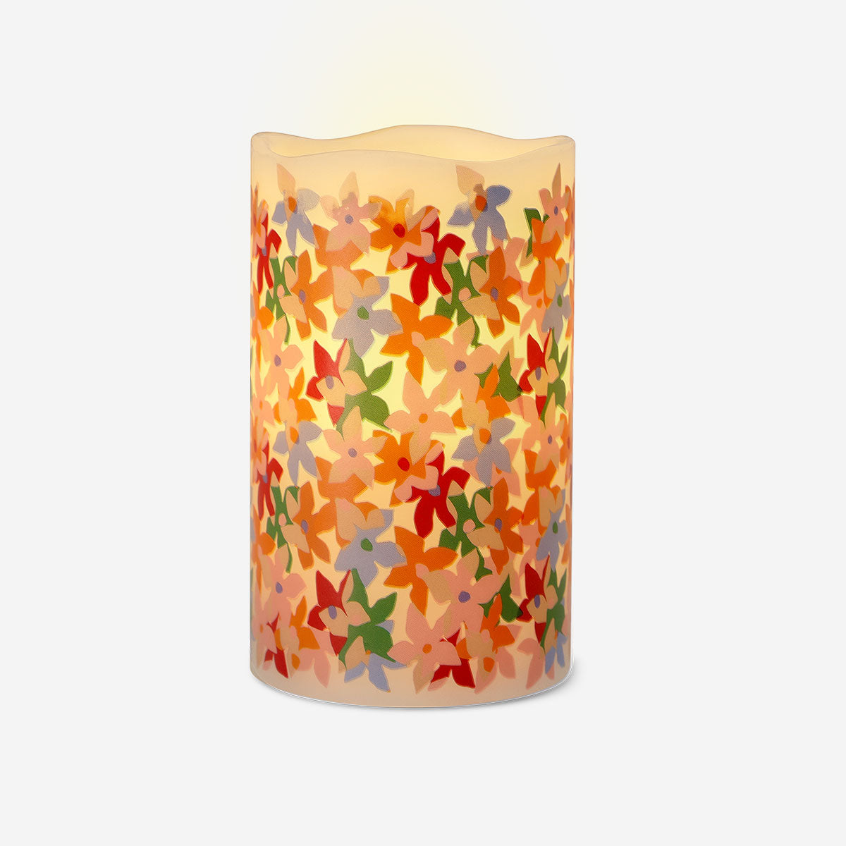 LED pillar candle with floral print, 10 cm tall, from Flying Tiger Copenhagen, ideal for home decor and ambient lighting.