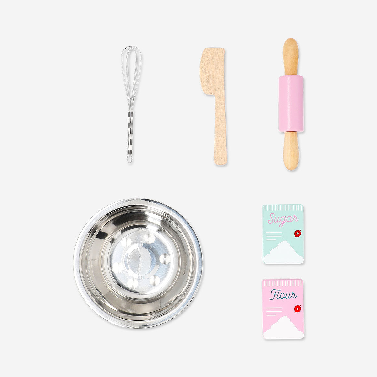 Flying Tiger Copenhagen Play baking kit toy with colorful baking tools, mixing bowls, and pretend ingredients for kids' baking fun.