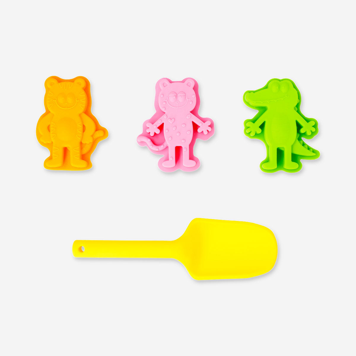 Colorful 5-piece beach toy set with bucket, shovel, and tools from Flying Tiger Copenhagen, perfect for kids' sand play.