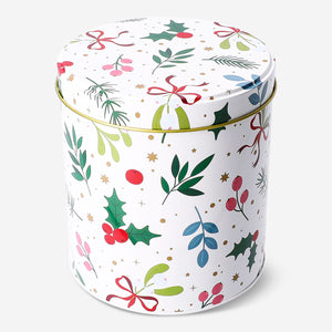 Tall round Flying Tiger Copenhagen Christmas print cake tin for baking and storage in the kitchen.