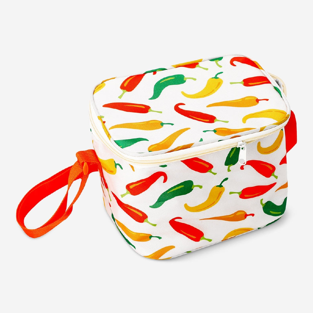 Flying Tiger Copenhagen cooler bag with chili print, 21x14 cm, featuring vibrant chili illustrations on a compact, portable design.
