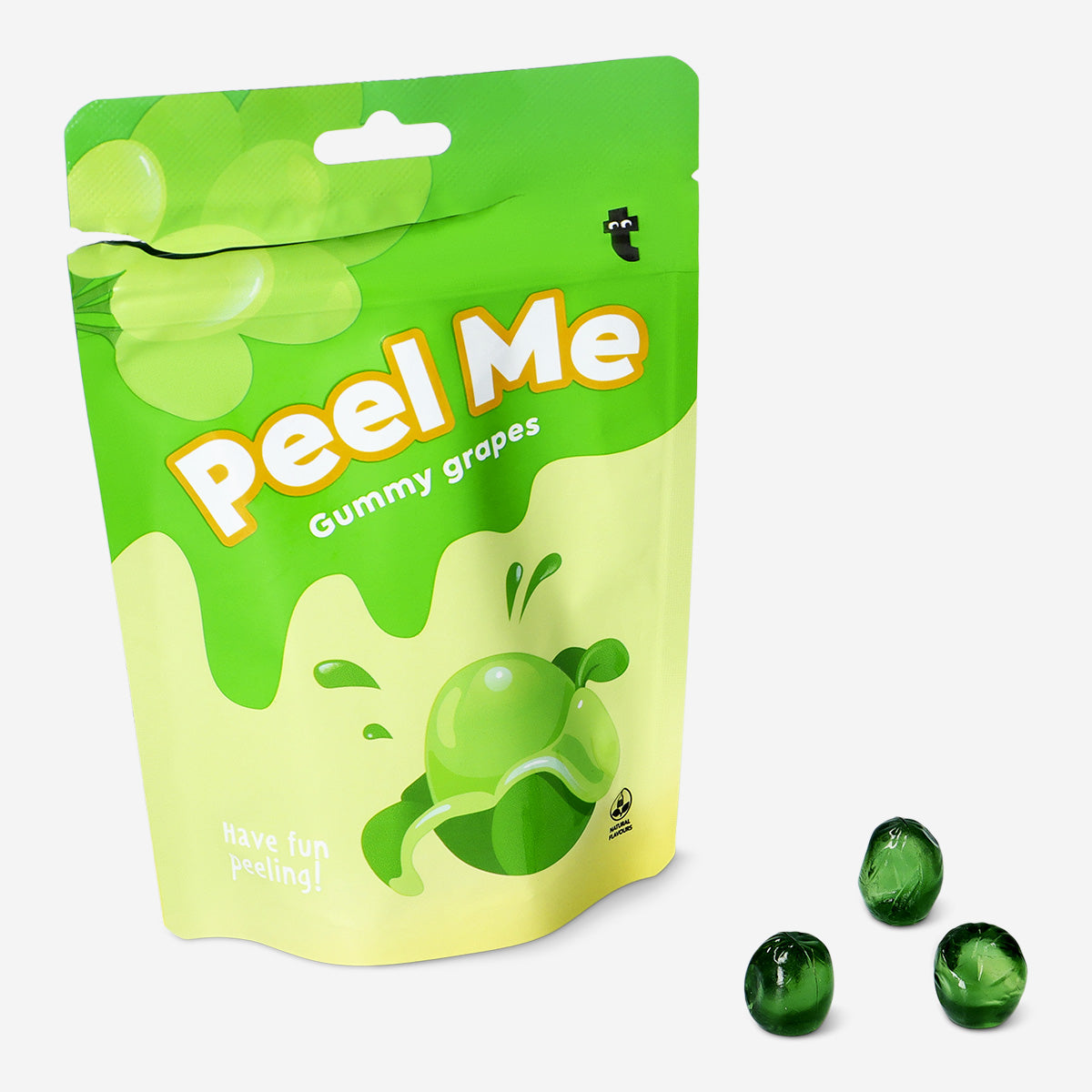 Flying Tiger Copenhagen Green Grape Peelers Candy in bright green packaging, showcasing colorful grape-shaped candies.