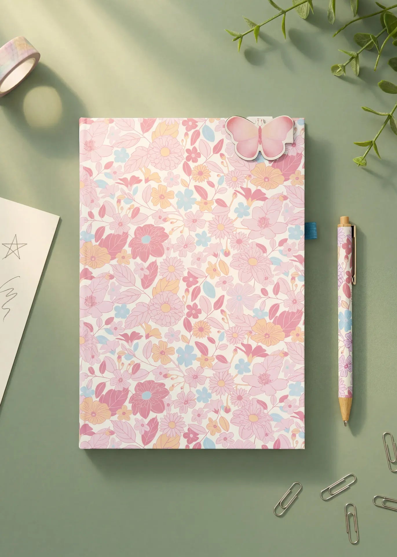 A5 floral office notebook with a pen and magnetic bookmark, featuring colorful flower patterns and a sleek design.