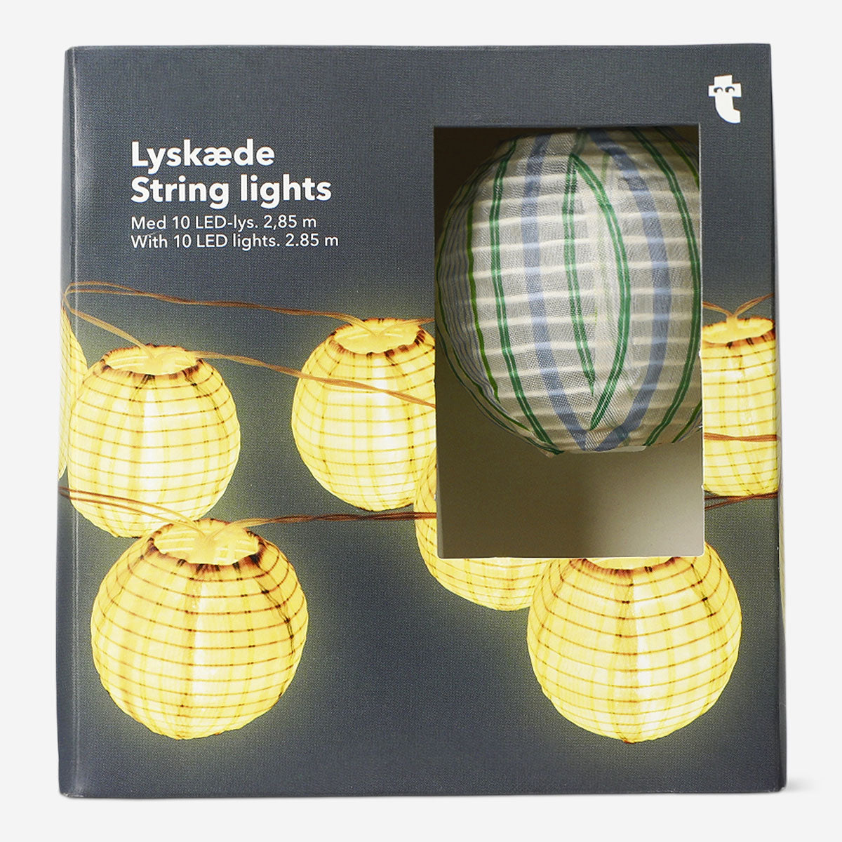Outdoor string lights with striped fabric balls from Flying Tiger Copenhagen, showing colorful hanging decorative lights.