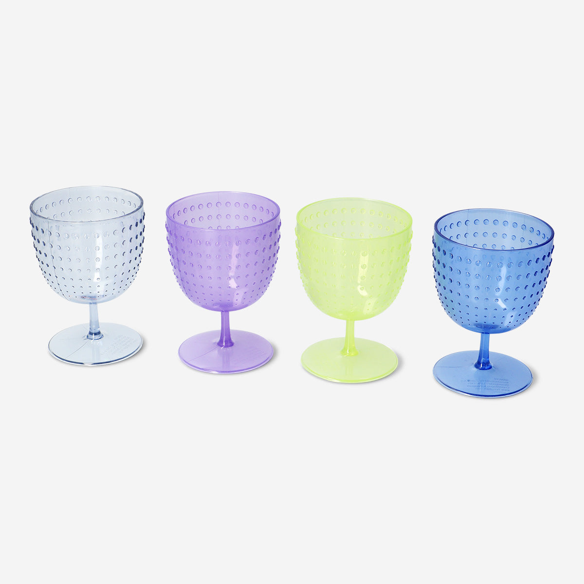 Set of four pearlescent wine glasses with dotted design for parties, featuring Flying Tiger Copenhagen style and elegant appearance.