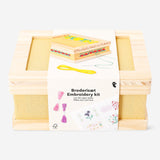 Embroidery kit in a wooden box by Flying Tiger Copenhagen, featuring colorful threads and embroidery accessories for hobby craft.