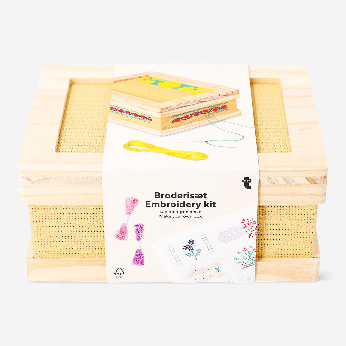 Embroidery kit in a wooden box by Flying Tiger Copenhagen, featuring colorful threads and embroidery accessories for hobby craft.