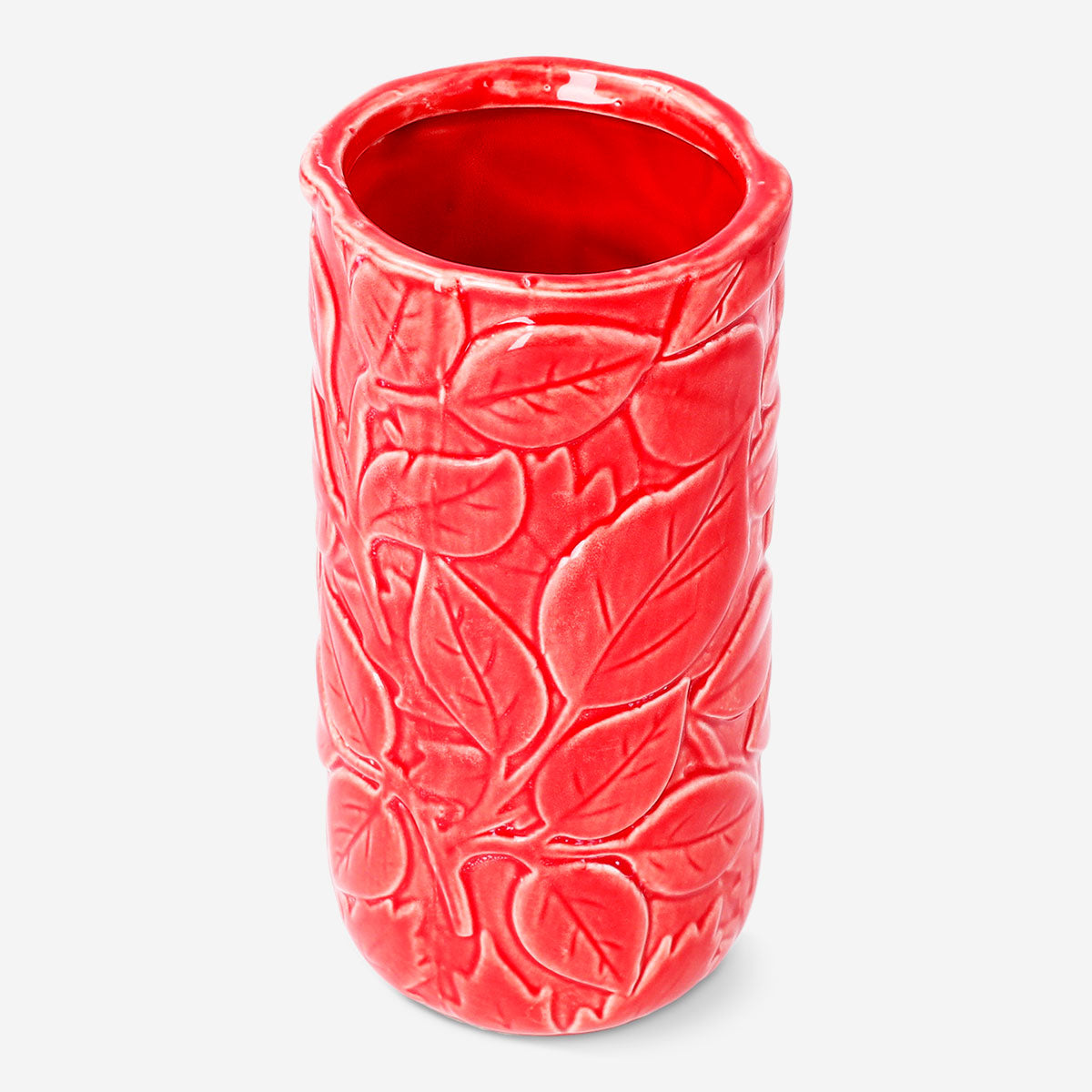 Red Flying Tiger Copenhagen home vase with embossed leaf design, 16 cm tall, decorative ceramic flower holder.