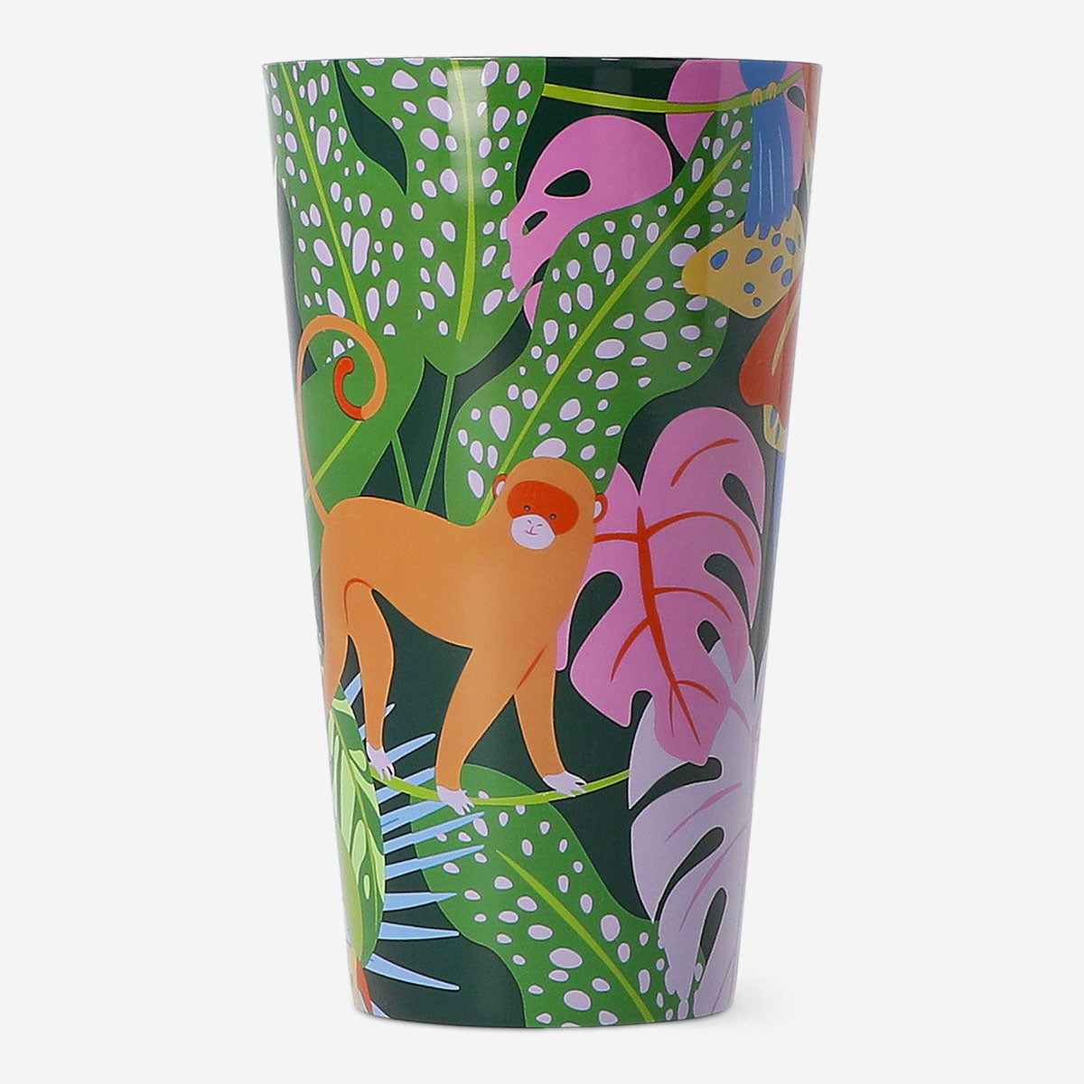 Two reusable party cups with vibrant tropical print by Flying Tiger Copenhagen, perfect for summer gatherings.