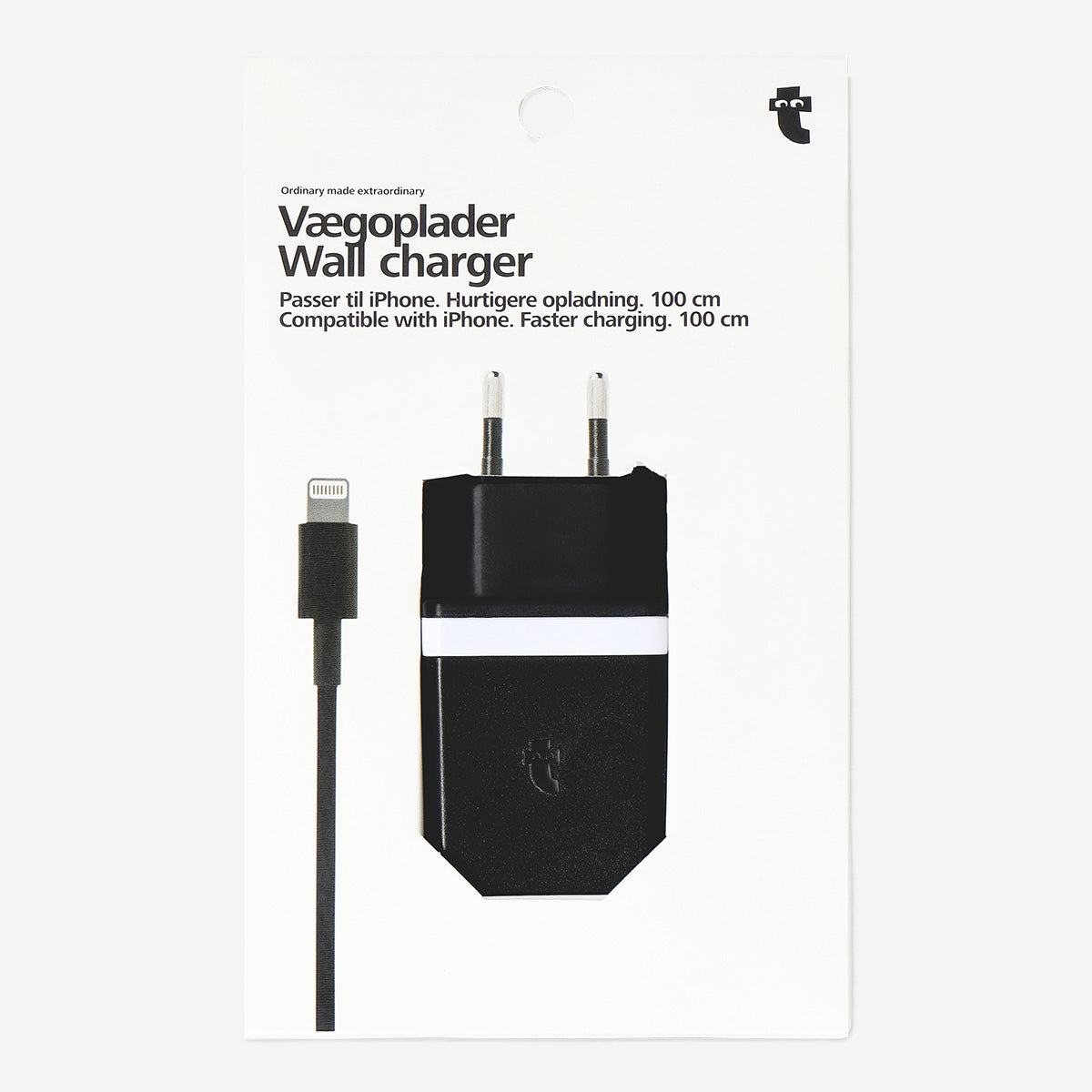 Flying Tiger Copenhagen media wall charger with 100 cm cable, compact design and durable build for versatile device charging.
