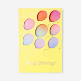 Flying Tiger Copenhagen birthday card featuring colorful flying balloons, ideal for office celebrations and greeting purposes.