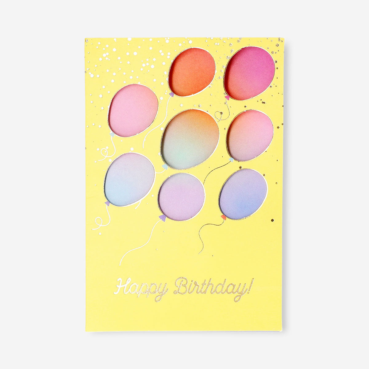 Flying Tiger Copenhagen birthday card featuring colorful flying balloons, ideal for office celebrations and greeting purposes.