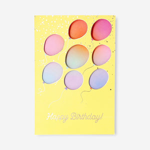 Flying Tiger Copenhagen birthday card featuring colorful flying balloons, ideal for office celebrations and greeting purposes.