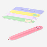 Set of four office bookmarks with attached ballpoint pens by Flying Tiger Copenhagen, featuring colorful designs and functional writing tips.