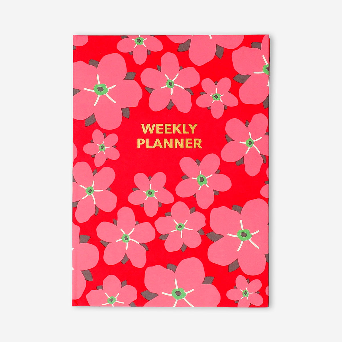 Red floral weekly planner from Flying Tiger Copenhagen, featuring a colorful floral cover and office organization pages.