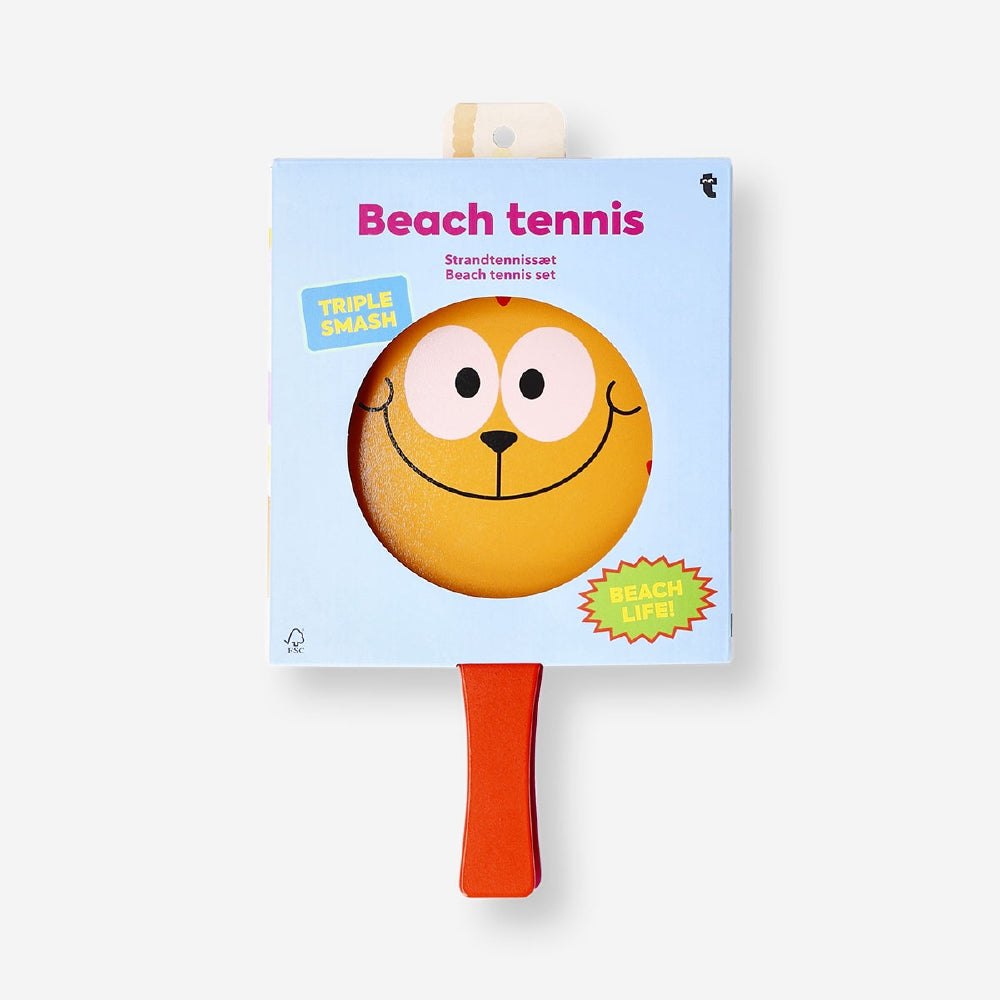 Colorful beach tennis set with playful cat character paddles and balls, perfect for outdoor fun from Flying Tiger Copenhagen.
