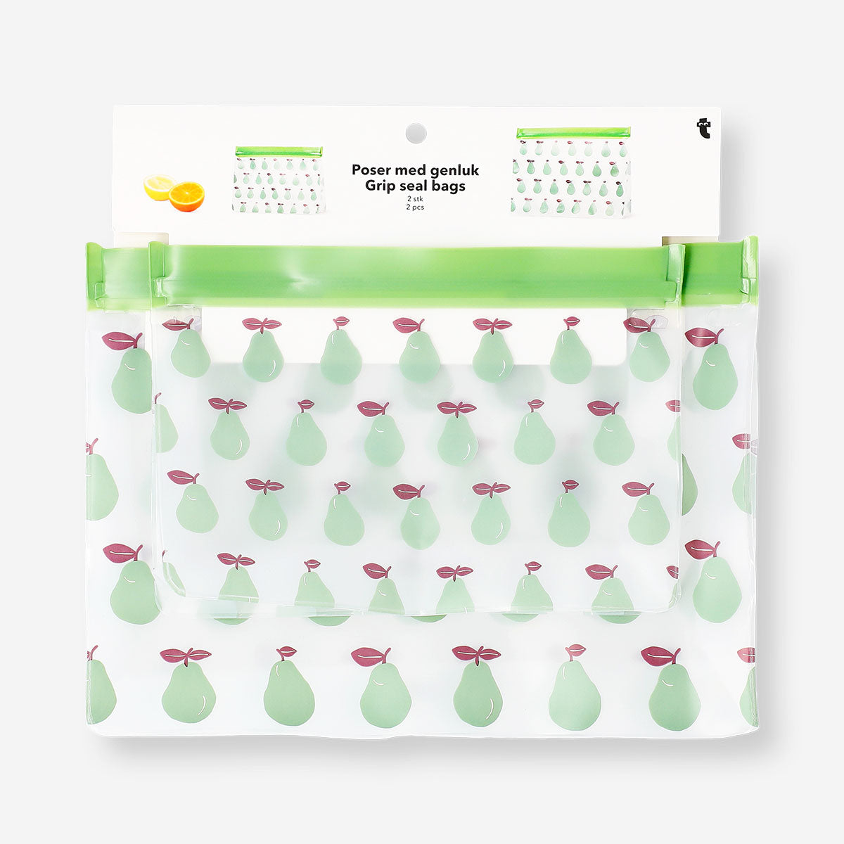 Reusable kitchen grip seal bags with green pear design, set of 2, by Flying Tiger Copenhagen for food storage.