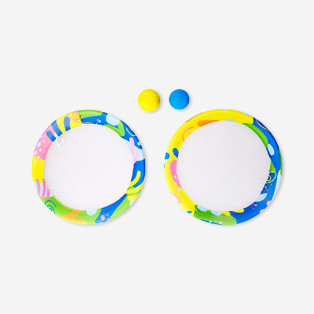 Flying Tiger Copenhagen racket set with balls for indoor and outdoor game play, featuring lightweight rackets and colorful balls.
