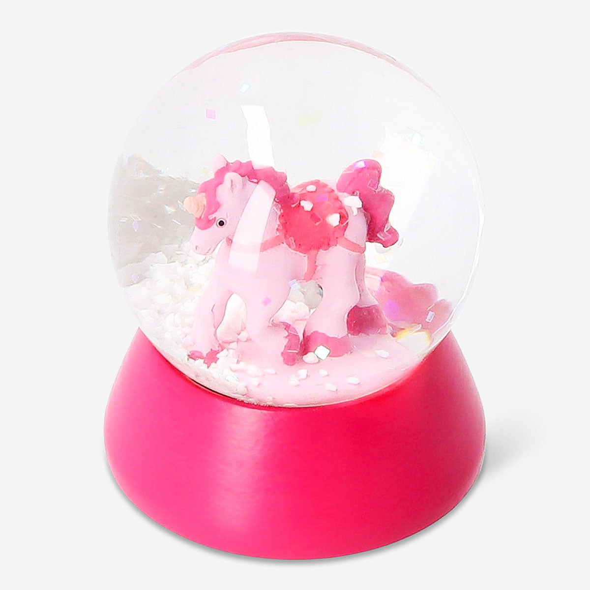 Small Flying Tiger Copenhagen unicorn snow globe, 5 cm tall, featuring a whimsical unicorn figure inside a clear glass globe.
