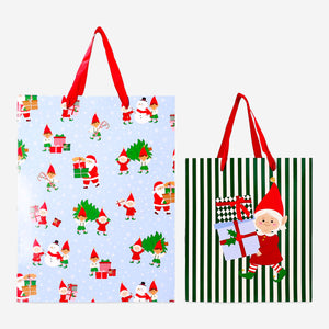 Two Flying Tiger Copenhagen gift bags with festive elf prints, perfect for holiday office gift wrapping.