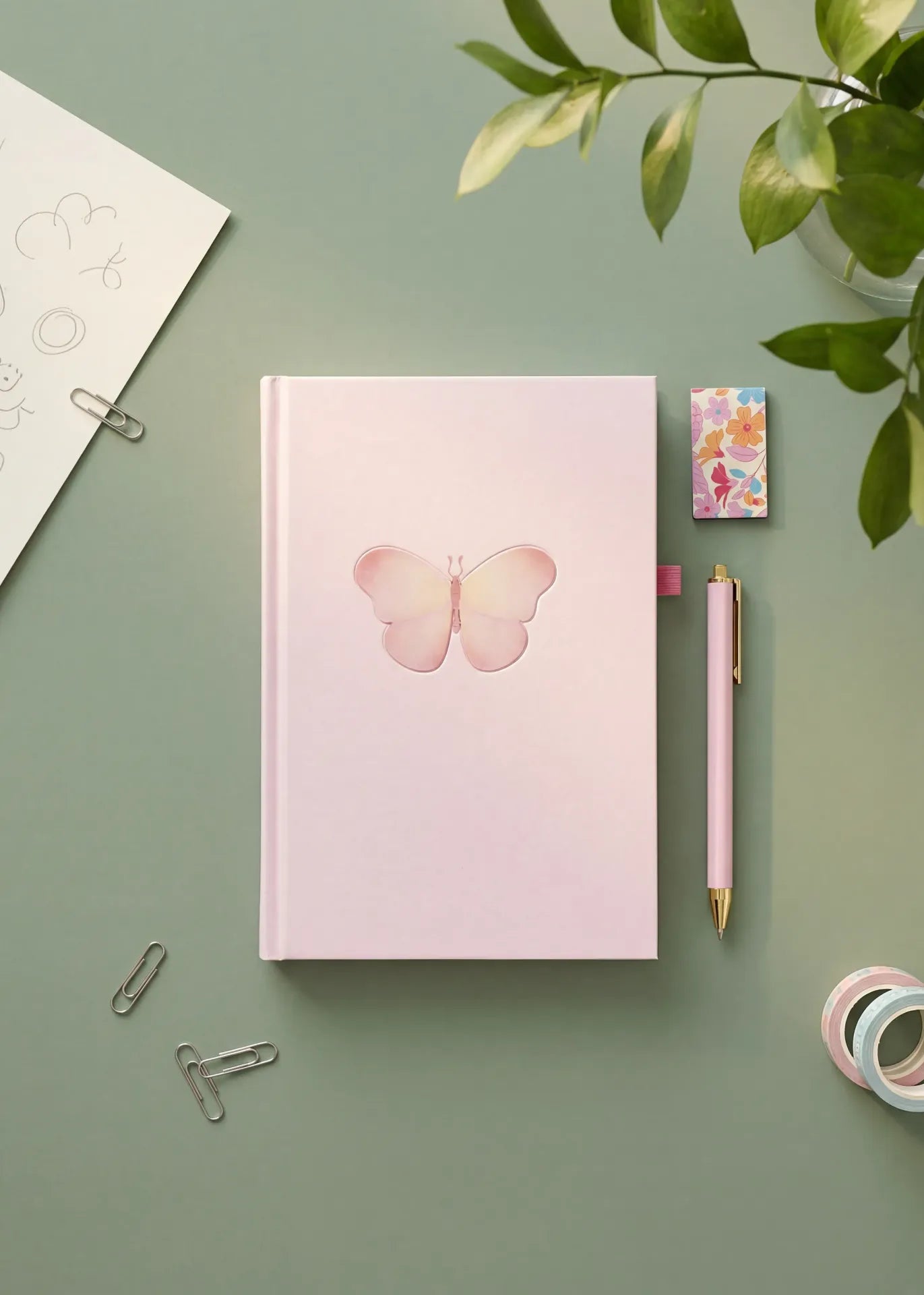 Flying Tiger Copenhagen A5 butterfly bullet planner with pen and magnetic bookmark, open to show colorful planner pages.