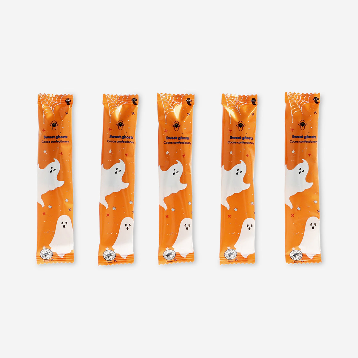 Five ghost-shaped cocoa confectionery lollipops from Flying Tiger Copenhagen, featuring white ghost designs on chocolate-colored pops.