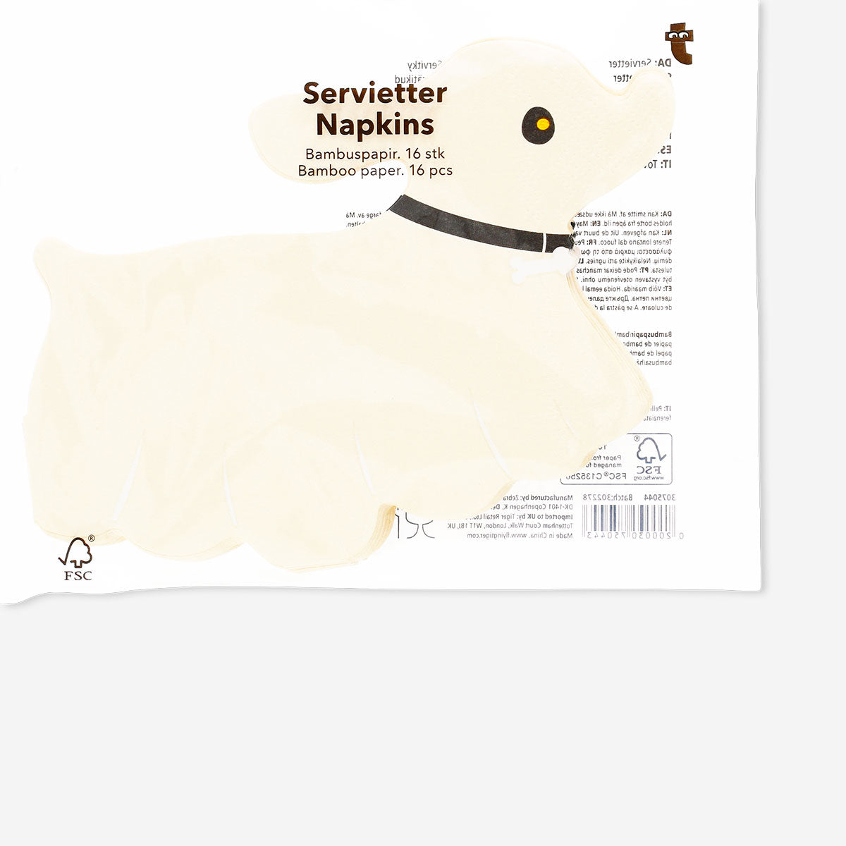 Set of 16 Ghost dog themed party napkins by Flying Tiger Copenhagen, featuring playful ghost dog illustrations on white paper.
