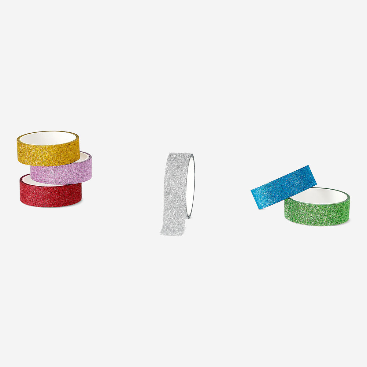 Six colorful decorative hobby tapes from Flying Tiger Copenhagen arranged in a pattern on a white background.
