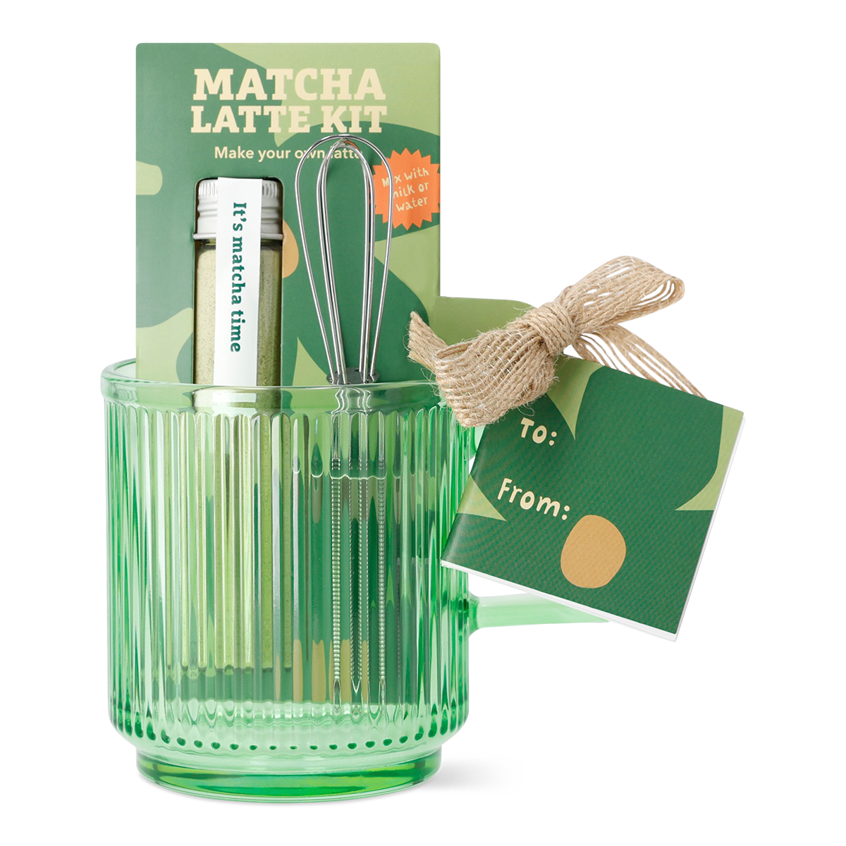 Flying Tiger Copenhagen matcha kit with ceramic mug, bamboo whisk, and green matcha powder for traditional tea preparation.