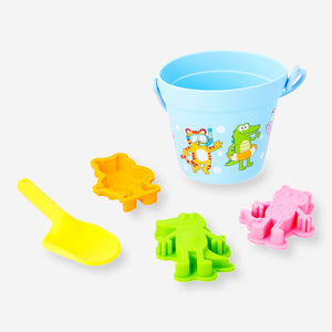 Colorful 5-piece beach toy set with bucket, shovel, and molds by Flying Tiger Copenhagen, perfect for seaside play.