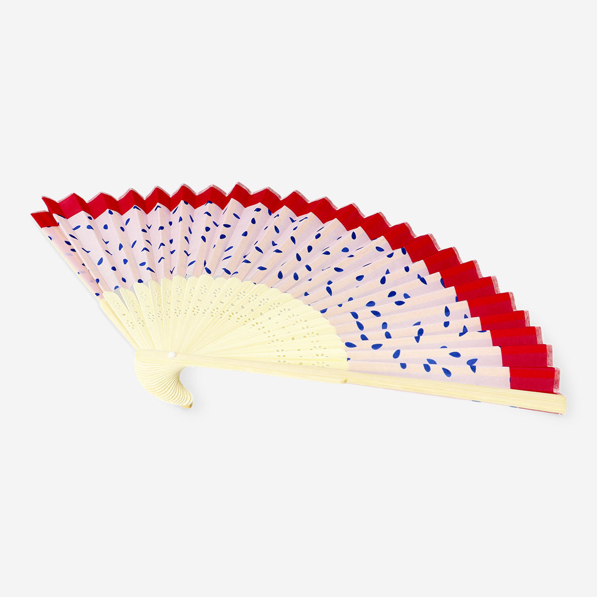 Foldable bamboo fan with vibrant dragon fruit print, lightweight textile design from Flying Tiger Copenhagen, perfect for warm weather relief.