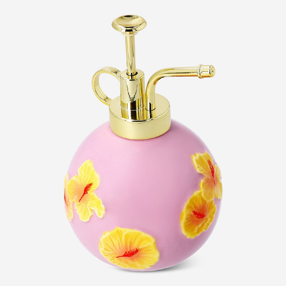 Ceramic mist spray bottle with hibiscus flower print, home decor by Flying Tiger Copenhagen, featuring a decorative floral design.