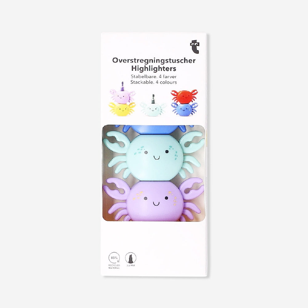 Stackable crab highlighters in a 4-piece set, colorful office supplies by Flying Tiger Copenhagen, arranged in a display.