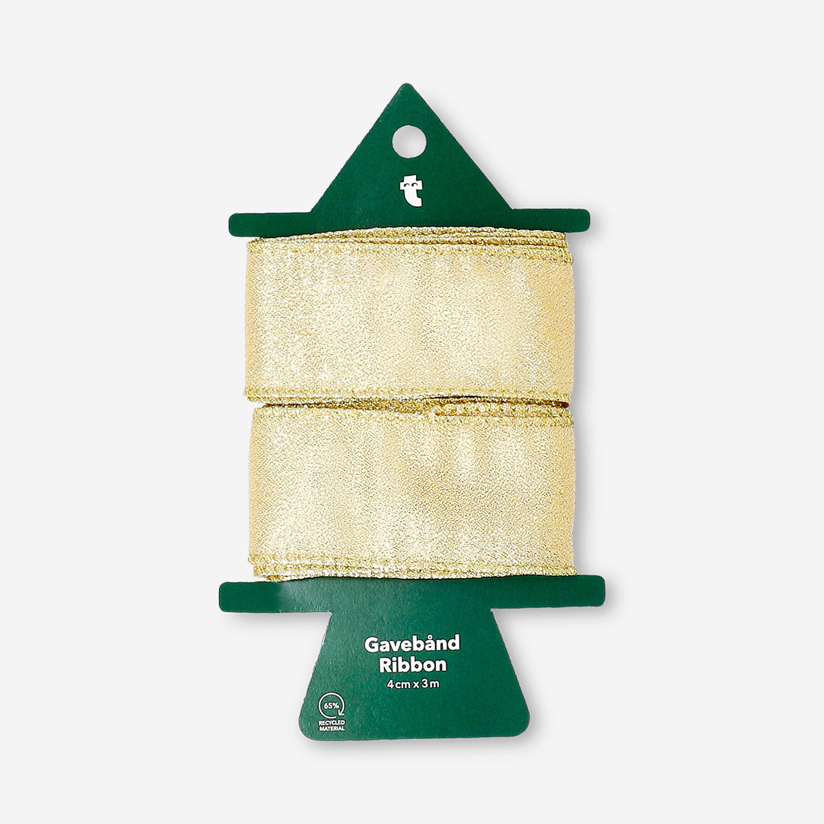 Gold glitter ribbon, 3 meters long, designed for office or craft use, by Flying Tiger Copenhagen, shown rolled with glittery surface.