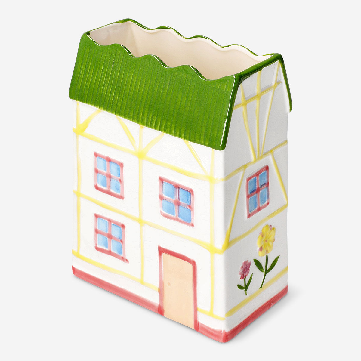 Ceramic house-shaped vase from Flying Tiger Copenhagen, 20 cm tall, with a cozy home decor design and neutral color finish.