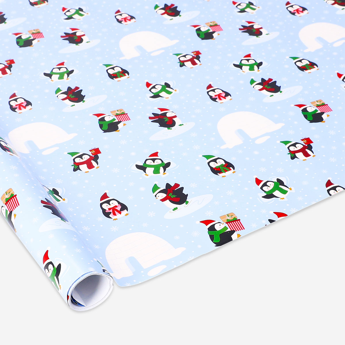 Flying Tiger Copenhagen penguin-themed 400 cm office wrapping paper roll with festive penguin illustrations.