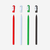 Set of four Flying Tiger Copenhagen gel ink pens with cute penguin toppers, ideal for office or school writing.