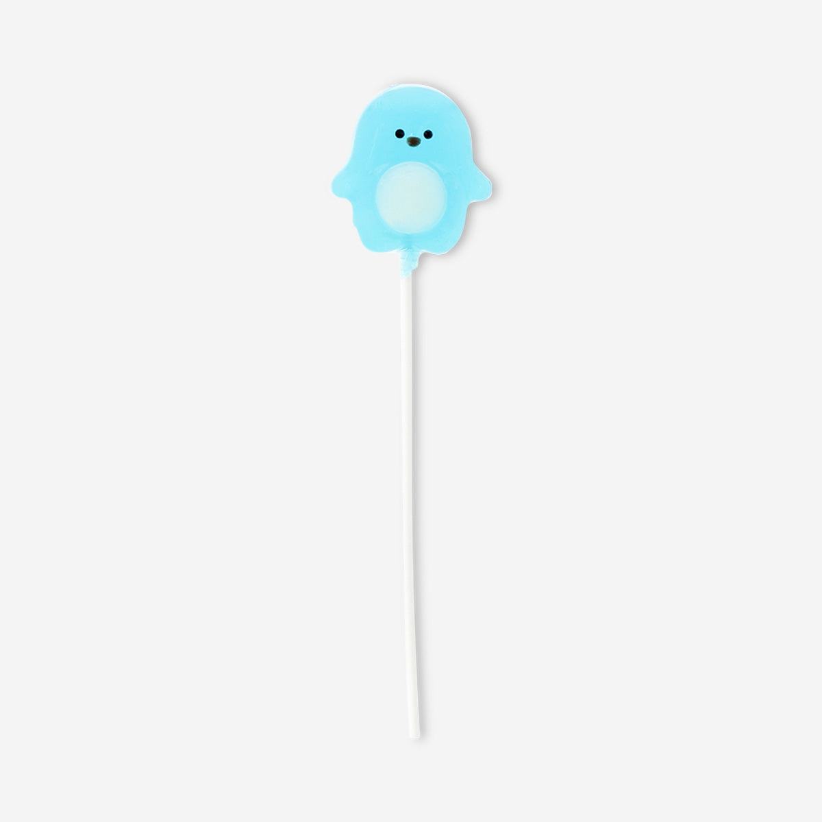 Flying Tiger Copenhagen Penguin lollipop in tutti frutti flavor, colorful candy with a penguin shape and fruity scent.