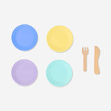 Wooden play plate rack set for kids by Flying Tiger Copenhagen, featuring colorful wooden plates on a sturdy toy rack.
