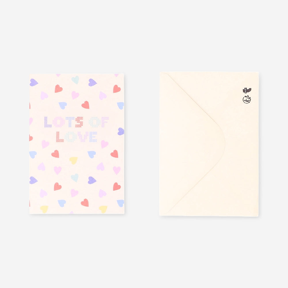 Flying Tiger Copenhagen greetings card with "Lots of Love" and heart illustrations, ideal for expressing affection.