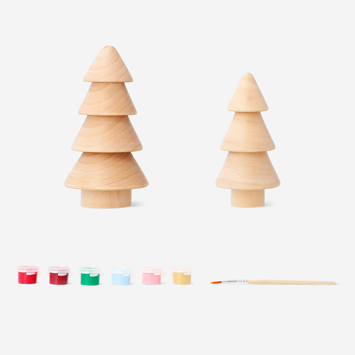 DIY wooden Christmas tree hobby kit by Flying Tiger Copenhagen featuring assembled wooden tree with colorful decorative elements.