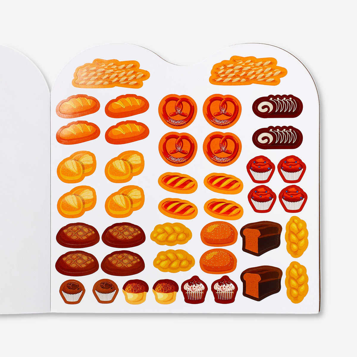 Hobby sticker book featuring bakery-themed stickers with illustrations of bread, pastries, and baked goods by Flying Tiger Copenhagen.
