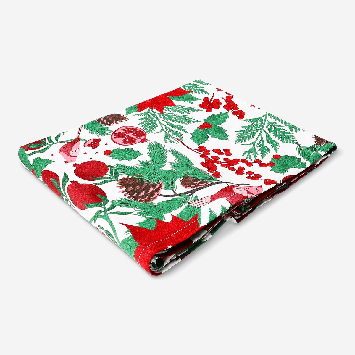 Christmas tablecloth with holly and poinsettia print from Flying Tiger Copenhagen, 140x220 cm, festive holiday home décor.